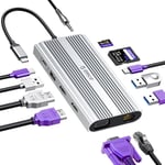 Station d'accueil, 12 en 1 USB 3.0 Hub, USB C Docking Station avec Double HDMI 4K, PD 100W, 1 Gbps Ethernet, 3 USB 3.0, SD/TF, 1080p VGA, Audio 3.5 mm, Compatible pour Windows/Mac OS, Argent