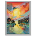 Atmospheric Clouds Over Mono Lake Fishing Village at Dawn Modern Watercolour Painting Artwork Framed Wall Art Print A4