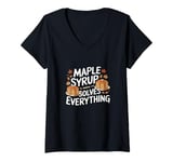 Womens Maple Syrup Solves Everything Funny Food Fall Leaves V-Neck T-Shirt