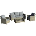 Outsunny 4 Pieces Patio Wicker Sofa Set, Outdoor PE Rattan Sectional Conversation Aluminium Frame Furniture Set w/Padded Cushion & 2-Tier Tea Table, Brown