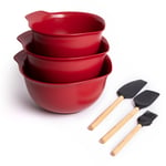 6pc Baking Set - 2x Spatula, Pastry Brush, 3x Red Nesting Mixing Bowls