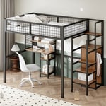 Lit mezzanine, lit enfant, support de rangement pour escalier, armoire simple+table, en métal, 140x200cm, noir