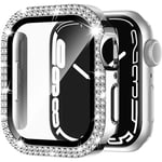 Bling Glass+ skydd för Apple Watch Case 45mm 41mm 40mm 44mm 42mm 38mm Diamant stötfångare+skärmskydd iwatch series 7 9 8 5 6 SE C silver C silver