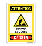 AUA SIGNALETIQUE - Panneau Prépercé (4 Trous) avec Angles arrondis - PVC Rigide 1.5 mm - (300x420 mm, Attention Travaux en Cours)