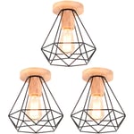 Axhup - Rétro Diamant Plafonnier Industrielle Cage en Métal et Bois E27 40W Noir 3PCS