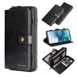 Zipper Wallet Case For Samsung Galaxy S21/ S21 Plus /S21 Ultra,with Shoulder Strap,Detachable Magnetic Case 12 Card Holder Kickstand Feature Crossbody Wallet Clutch Case,Black,S21Ultra