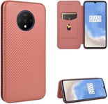 Compatible Avec Coque One Plus 7t, Mince Flip Fibre De Carbone Test De Chute Antichoc Stand Fente Avec Carte, Protecteur D'écran En Verre Trempé*2-Marron