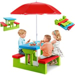 Ensemble Salon de Jardin pour Enfant Comprenant 1 Table et 2 Bancs Plus 1 Parasol Centré en Couleurs Vives, Table de Jardin pour Pique-Nique, Cour,