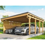 Carport Bois castellane 558X555 Panneau Latéral Intégré - Toiture en Bois + Feutre Bitumeux - Abris Voiture - Autoclave - 2 Voitures