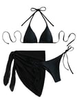 GORGLITTER Women's 3 Piece Swimsuit Halter Triangle Thong Bikini Bathing Suit with Beachwear Cover up Black S