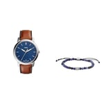 Fossil Montre pour Hommes The Minimalist, Mouvement à Quartz, Boîtier en Acier Inoxydable Argenté de 44 mm avec Bracelet en Cuir, Fs5304 + Bracelet en Acier Inoxydable Argenté, JF04414040