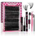 DIY Lash Extension Kit Individual Lashes Kit with 320 Pcs Lash Clusters Lash Bond and Seal Lash Tweezers Eyelash Remover Easy to Apply at Home (80D+100D-D-10-18mix Kit)