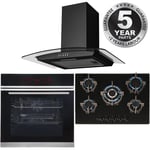 Black Pyrolytic Single Fan Oven, 70cm 5 Burner Gas Hob & Curved Cooker Hood