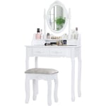 Coiffeuse-Table de maquillage Avec 4 tiroirs + 1 tabouret et Miroir Set de Maquillage pour Chambre à Coucher ou Cabine Armoire