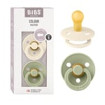 BIBS Colour Soother 2-Pack, BPA Free Dummy Pacifier, Round Nipple. Natural Rubber Latex, Size 1 (0-6 Months), Ivory/Sage