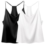 Nieery Ladies Silk Satin Tank Tops Spaghetti Top Women's Undershirt V Neck Casual Shirt Basic Blouses with Adjustable Strap Cami Tank Top Black+White XXL