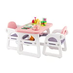 COSTWAY Table Enfant avec 2 Chaises Moderne & Etagère de Rangement Concave, Table d’Activité en HDPE avec Siège Ergonomique pour Jouer Dessiner Lire, Tapis antidérapant, 1-5 Ans(Rose)