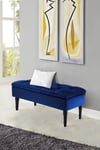 Blue Buttoned Tufted Velvet Storage Ottoman Bench with Rubberwood Legs Luxury Bed End Stool