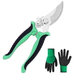 OFFCUP Garden Secateurs, Florist Scissors, Bypass Pruning Shears Professional Secateurs Pruning Scissors Snips with Gloves, Trimmer, Clippers with Locking Handle, Gardening Gifts for Men (Green)