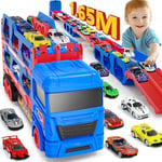 Camion Transporteur Voiture pour garçons de 3, 4, 5, 6 Ans, 165cm de Pistes Pliables Avec éjecteurs et 10 Mini Voitures, Facile à Transporter, Camion de Course pour enfants, Cadeaux Jouets enfants 3+