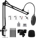 Bras Micro Pied et Support pour Blue Yeti, Yeti Nano, HyperX QuadCast, Elgato Wave, Fifine K658 et Autres Micro, Support de Bureau Réglable avec Vis 3/8"" 5/8"" 1/4"", Filtre Anti-pop, Pince Micro