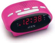 ICES ICR-210 Rose -Tuner PLL-FM- Haut-parleurs intégrés- Radio-réveil- Fonctionnement sur Piles- Écran LED- Double Fonction d'alarme- Fonction Snooze- Radio-réveil FM-Rose