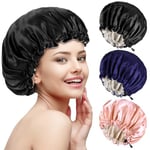 PAEFIU 3 Pcs Bonnet Satin en Double Couche, Bonnet Soie Cheveux Nuit pour Femme, Bonnet de Nuit pour Le Soin des Cheveux(Noir,Rose,Bleu Foncé)