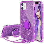 Coque iPhone 12 Mini,Glitter Coque + Lanière Paillette Brillant Strass iPhone 12 Mini Cover,Housse avec Bague Béquille,violet