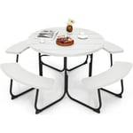 Costway Ensemble De Table Ronde De Pique-Nique Et 4 Bancs, Pour 8 Personnes, Trou Pour Parasol, Pour Patio, Jardin, Blanc