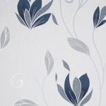 CROWN SYNERGY NAVY BLUE WHITE SILVER GLITTER FLORAL TEXTURED VINYL WALLPAPER