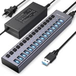 Hub USB Alimenté，ACASIS Aluminium USB Hub 3.0 à 16 Ports Multiprise avec 12V/7.5A 90W Alimentation Externe Multi Port USB Hub, Splitter,5 Gbit/s,Commutateurs Individuels et Indicateur LED