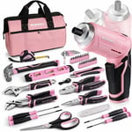 Boîte à Outils Pink Rose 53 Pièces avec Tournevis sans Fil 3,7 v, Caisse à Outils Complete avec Sac Durable, Trousse à Outils Rose Parfait pour