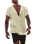 YAOBAOLE Chemise Legere Homme Été Hommes Chemises en Lin Manches Courtes Boutons Chemise Homme Coton Lin Chemise Col Mao Couleur Beige XL