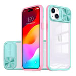 Dqtaoply Coque iphone 15 Plus, avec Lentille Coulissante Caméra Protection Étui Antichoc Silicone TPU + PC Housse Anti-Rayures Dos Transparente Case pour iphone 15 Plus(Vert + Rose)