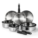 ROYDX Uncoated 18/10 Stainless Steel Cookware Set, Large Frying Pan Set with Steamer and Saute Pan, Stay-Cool Detachable Handles and Glass Lid, LFGB Approved Pots and Pans Set, Serve 4-6 People