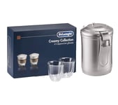 Delonghi DLSC061 Vacuum Coffee Canister (Stainless Steel) & Creamy Collection DLKC301 Double Wall Cappuccino Glasses (Pack of 6) Bundle, Stainless Steel