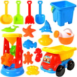 Kids Beach Sand Toy Set, 16 pcs Beach Play Set Sandcastle Kit for Kids Toddlers, with Mesh Bag, Bucket and Spade, Car, Castle Molds, Sea Animal Molds and Other Sand Tools Kit