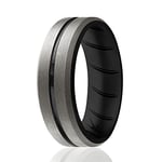 ROQ Silicone Rings, Breathable Silicone Rubber Wedding Ring Band for Men with Comfort-Fit Design, 8mm Engraved Duo, Silicone Wedding Ring - Black, Beveled Metallic Platinum Colors - Size 16