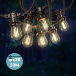 Guirlande Guinguette 20M 20 Bulbes Filament Blanc Chaud - Guirlande Lumineuse Ampoule E27 Transparente - Guirlande Guinguette Led Filament rétro