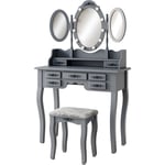 Vicco - Coiffeuse Diana, Gris, 90 cm avec éclairage et tabouret