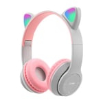 Casque sans fil Blue-tooth Glow Light Stereo Bass Casques Oreille de chat avec micro Enfants Gamer Girl Gifts PC Phone Gaming Headset-Gris Rose