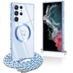 Pnakqil Coque Magnétique pour Samsung Galaxy S22 Ultra 5G Con Cordon, Compatible avec MagSafe, Silicone Housse avec Motif Coeur d'amour Réglable Collier Lanyard, pour Samsung S22 Ultra, Bleu