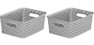 Curver Storage Basket Grey Small 8L Plastic Rattan Kitchen Study Office Set of 2