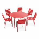 Ensemble table de jardin ronde et 6 chaises en métal rouge - Palavas - Rouge