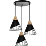 Suspension Luminaire Industrielle 3 Lumières en Disque Fer Lustre en Bois E27 Noir Plafonnier Luminaire Salle à Manger Couloir Chambre