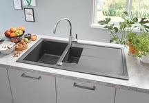 GROHE Kitchen Set of Eurosmart Cosmopolitan & K400 – (Granite Gray Quartz Composite Sink 1 Bowl 335x420x205mm 0.5 Bowl 155x295x146mm Overall 100x50cm, Chrome Kitchen Tap Size 354mm Tails 3/8 Inch)