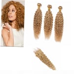 16+18+20&16 CLOSURE PERUVIAN VIRGIN HUMAN HAIR KINKY CURL HONEY BLONDE 27# 12AA