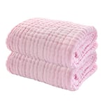 YeBon 2Pcs Baby Muslin Bath Towels, Super Soft Cotton Bath Towel 6 Layers Infant Newborn Swaddle Blanket 41.3 X41.3 Inches,Baby Registry as Shower (Pink)