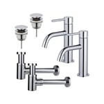 Fortifura Calvi Kit robinet lavabo - pour double vasque - robinet bas - bonde clic clac - siphon design bas - Chrome brillant