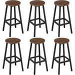 Klihome - Lot de 6 Tabourets de Bar Siège Rond en Bois d'Ingénierie - Structure Métallique - Tabouret Fixe Haut - Chaise Haute Cuisine - Repose-Pieds